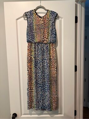 HD in Paris Blue, Orange & Green Patterned Midi Dress